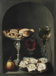 Austern auf einem Zinnteller, Süßigkeiten und Kekse in einer silbernen Tazza, zwei Façon-de-Venise Weingläser und eine Orange in einer Nische
